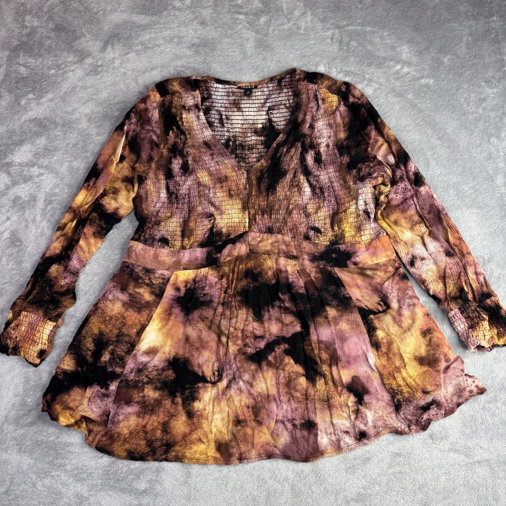 Torrid Blouse Women 2X Brown Purple Tie Dye Smocked Peplum Boho Top Long Sleeve